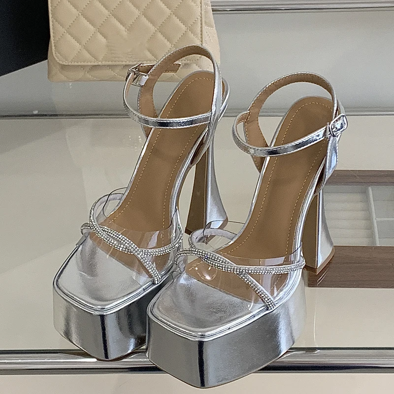 

Eilyken New Summer Square Toe Crystal PVC Transparent Women Sandals Fashion High Heels Buckle Strap Party Shoes