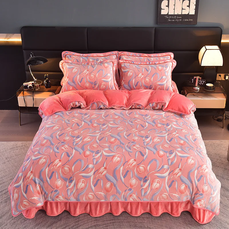 Class A Thickened Milk Velvet Bedding Set 4 Piece Winter Warm Double-Sided Fleece Duvet Cover with Bed Skirt 200x230cm 180x220cm