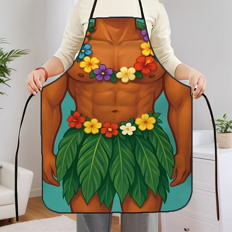 1pc Hawaiian Skirt Muscle Print Apron With 2D Flat Printing Tropical Lei And Green Leaf Skirt Pattern Kitchen Apron Unisex Bakin