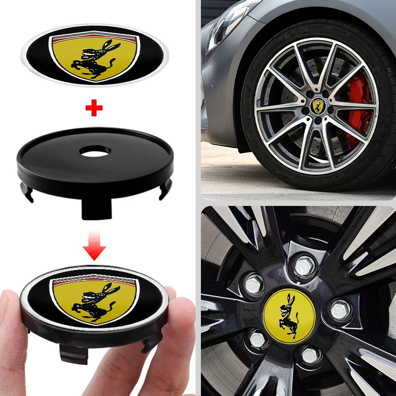 4pcs 56+60mm Ferrari Donkey Logo Badge Emblem Car Wheel Hub Center Caps Rim Cover Stickers For Ferrari Car Styling Accessories