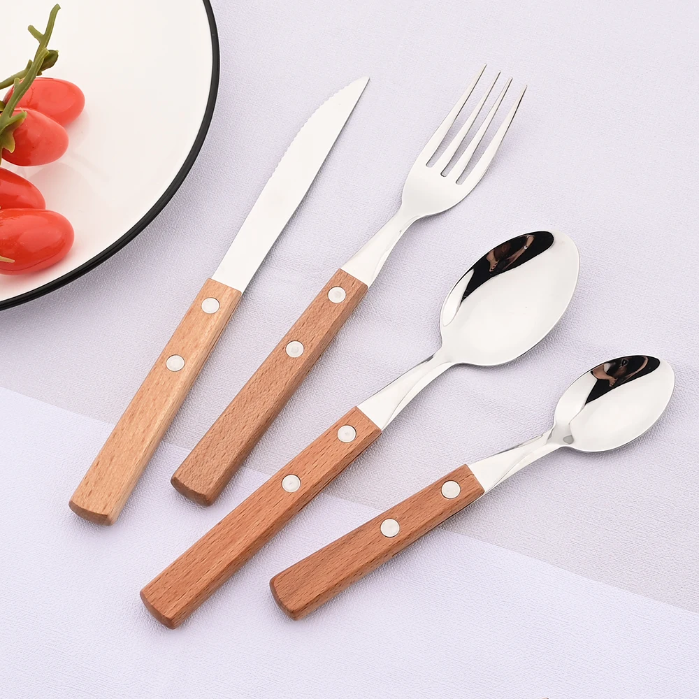 4Pcs Wooden Handle Dinnerware Set Mirror 304 Stainless Steel Cutlery Spoon Knife Fork Dinner Tableware Home Kitchen Complete Set