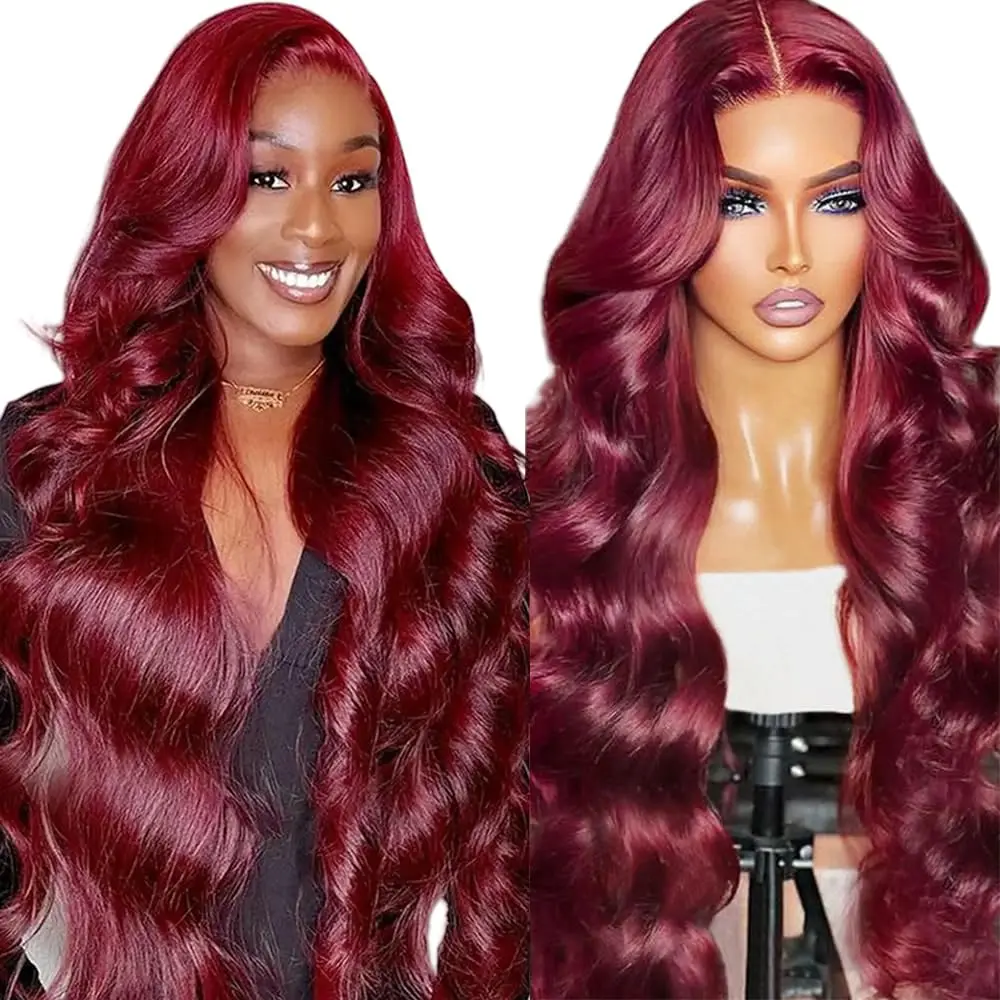 

Парик Body Wave 99j бордового цвета, 40 дюймов, с кружевной передней частью, бразильские волосы, HD кружево 13x6, 200% плотность, идеально подходит для косплея