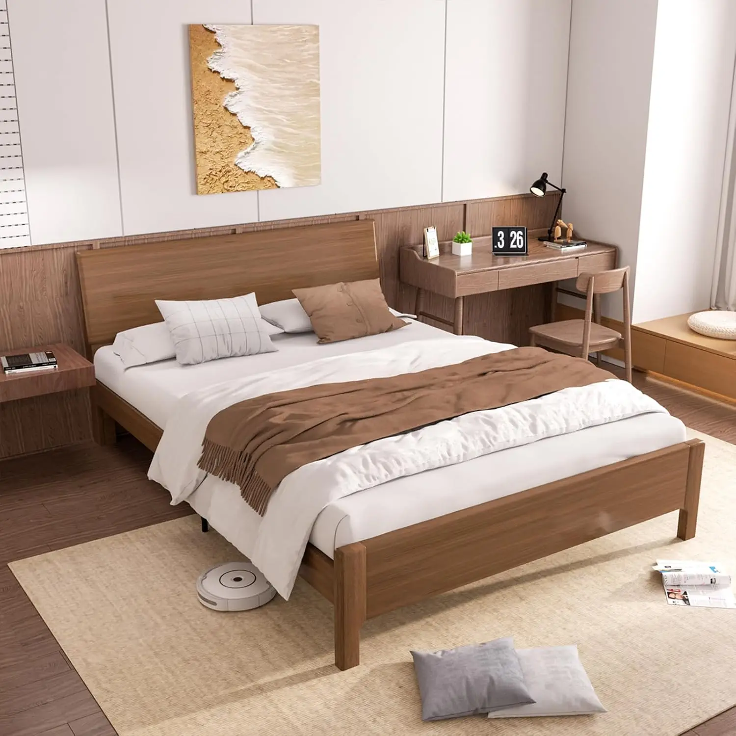 Queen Solid Wood Platform Bed Frame with Headboard, Mid Century Modern, Wooden Slats, No Box Spring, Noise Free, Customized