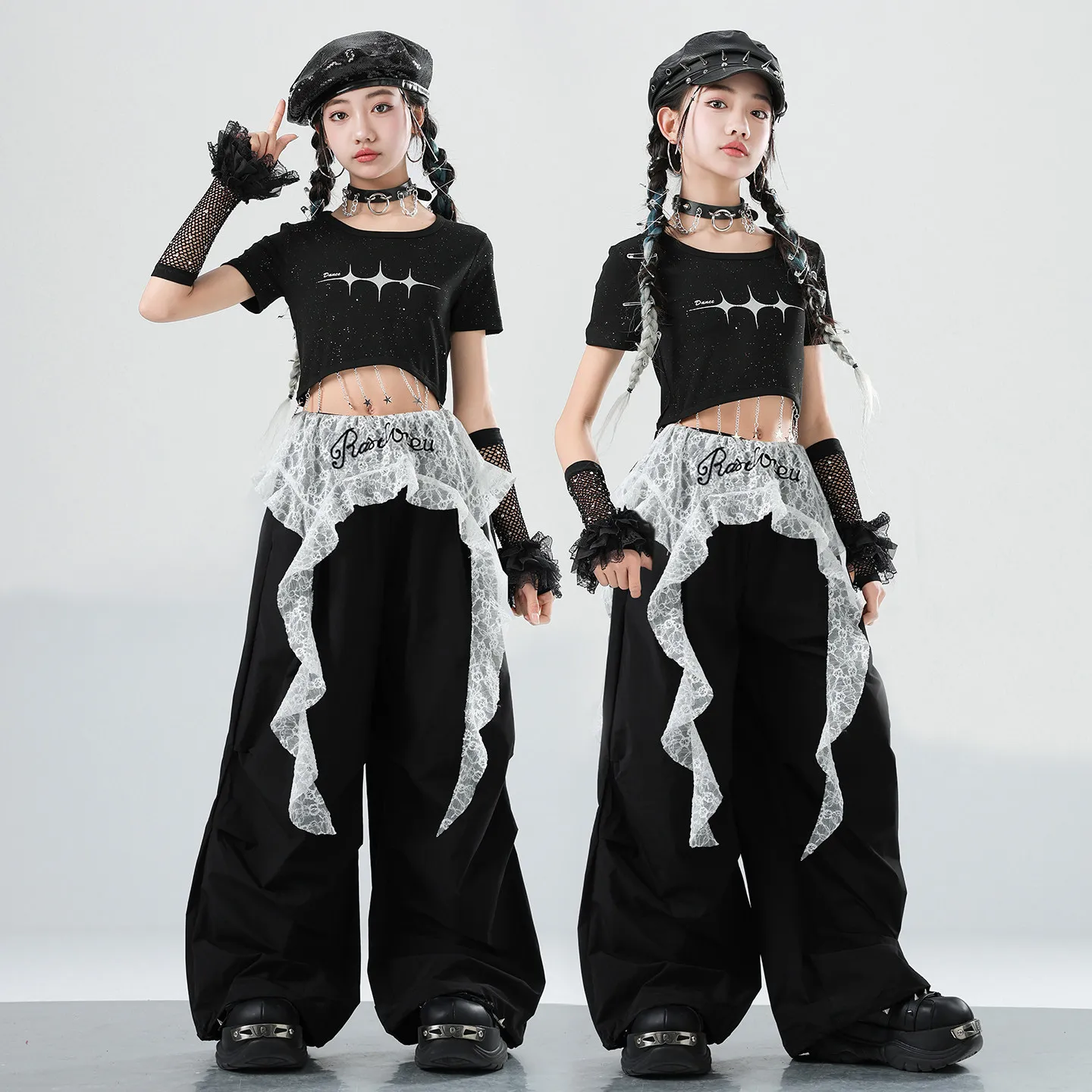 

2026 Children Ballroom Hip Hop Dance Costumes For Girls Group Black Kpop Outfits Jazz Performance Stage Rave Clothes XH4207