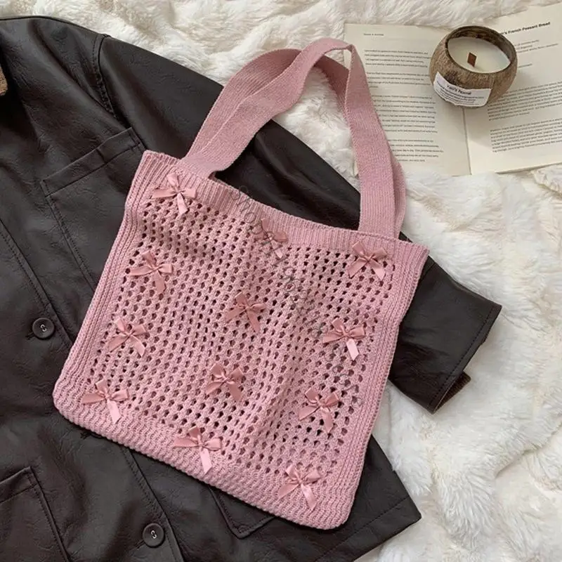 

Stylish Bows Crochet Beach Shoulder Bag Mesh Knitted Handbag for Women Summer 066F