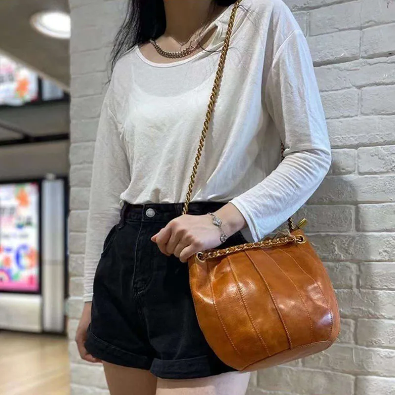 Women Chain Bags Luxury Handbags Top Quality Patchwork Bucket Handbag Female Vegetable Leather Vintage Shoulder Crossbody Bags