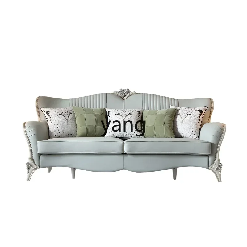 

LMM French light luxury leather solid wood sofa large apartment European villa carved mint green sofa combination