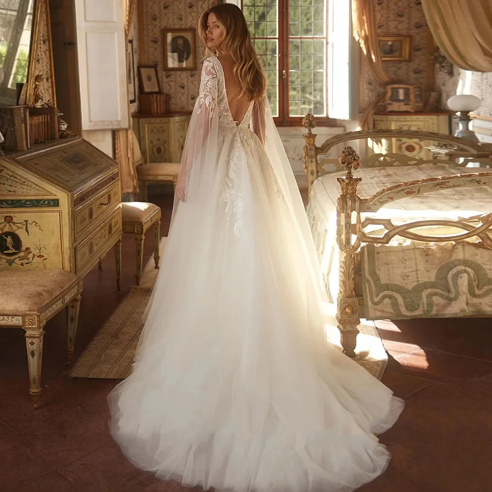 Nowoczesne suknie ślubne koronkowe szyte na miarę z długim rękawem suknia dla panny młodej miękki tiul koronka linia A tren dworski فستان حفلات