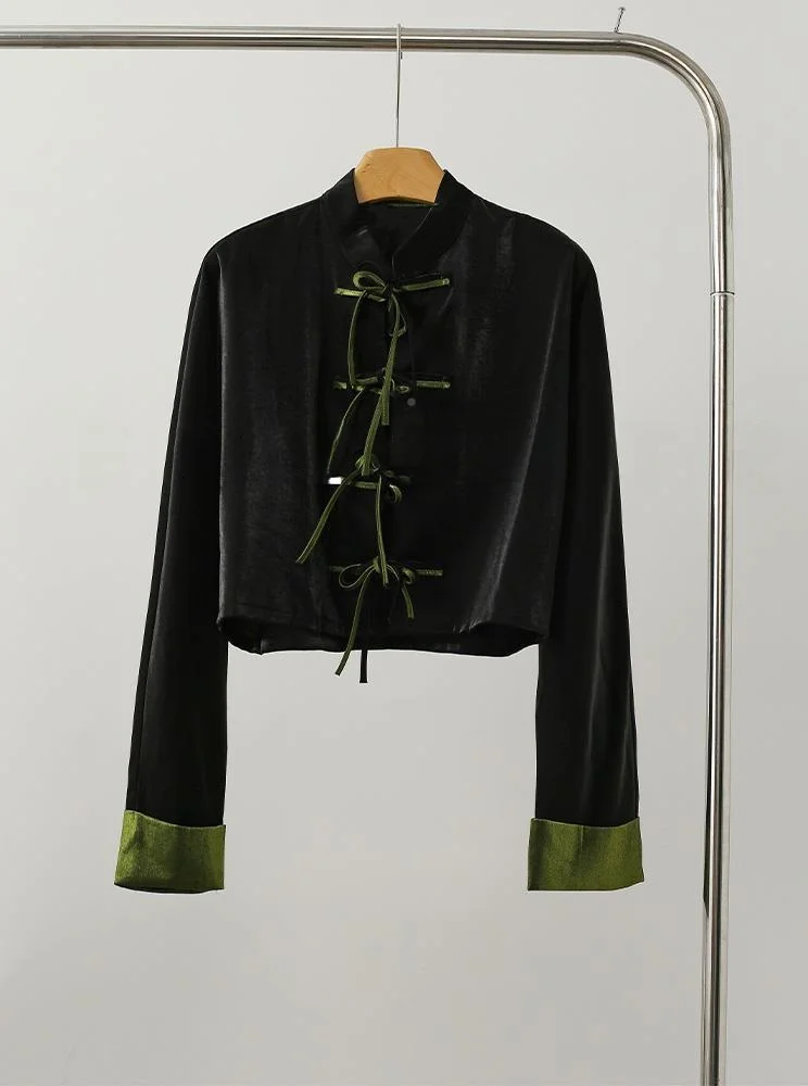 New Chinese Style Short Shirt Black Acetate Button up Top Women's Fashion Traditional National Style Reformed Clothing