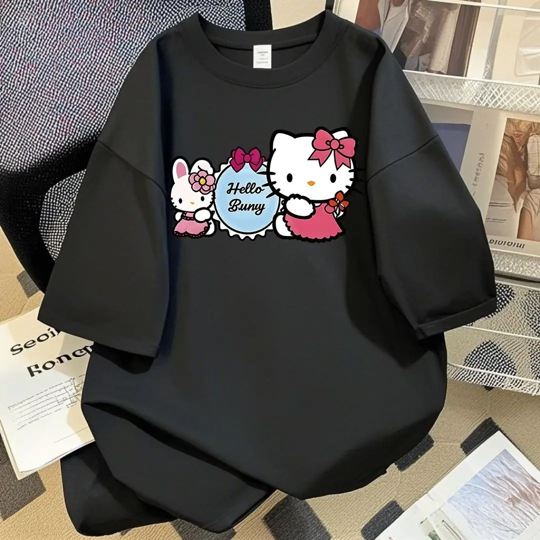 

Лето 100, хлопковая свободная хлопковая футболка с принтом Kt Cat для студентов и студентов, романтическая футболка с короткими рукавами в ленивом стиле