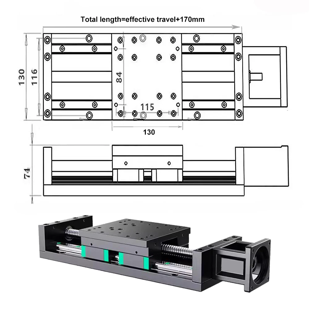 130mm Wide Steel Sliding Table Heavy Duty CNC Ball Screw Linear Stage SFU1605/1610 200KG Load HGR15*2 HGH15CA*4 100~1000mmStroke