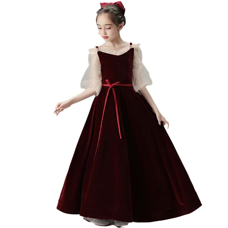 YZYmanualroom Girls dress wedding bridesmaid dress girl pageant dress length velvet burgundy dress skirt/Custom Made