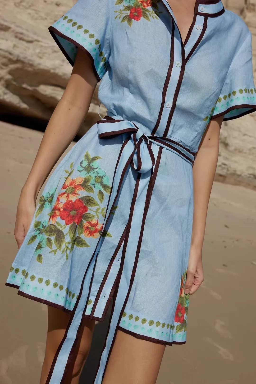 

Flower Print Women's Blue Linen Dress 2025 New Lace-up Waist Short Sleeve Stand Collar Single Breasted Casual Female Mini Robe