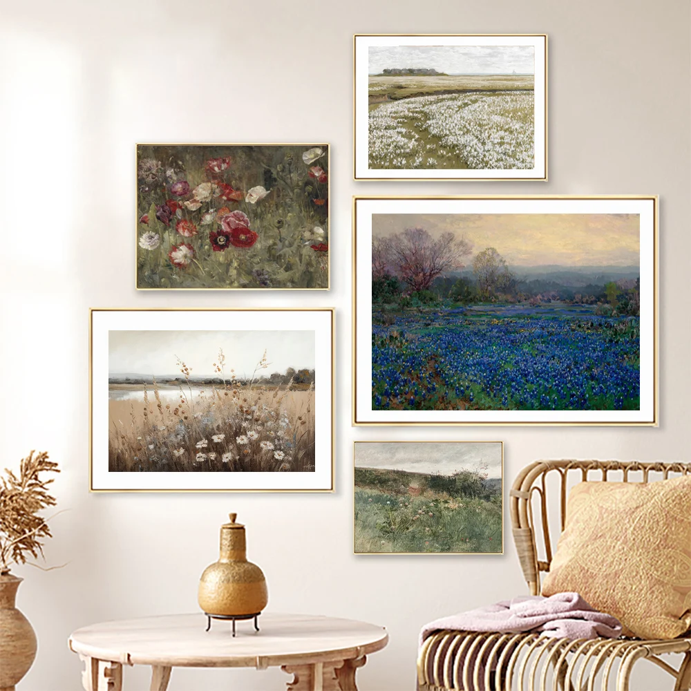 Bed of Poppies Print Vintage Wildflower Field Landscape Oil Painting Canvas Posters Spring Meadow Prints Farmhouse Wall Decor