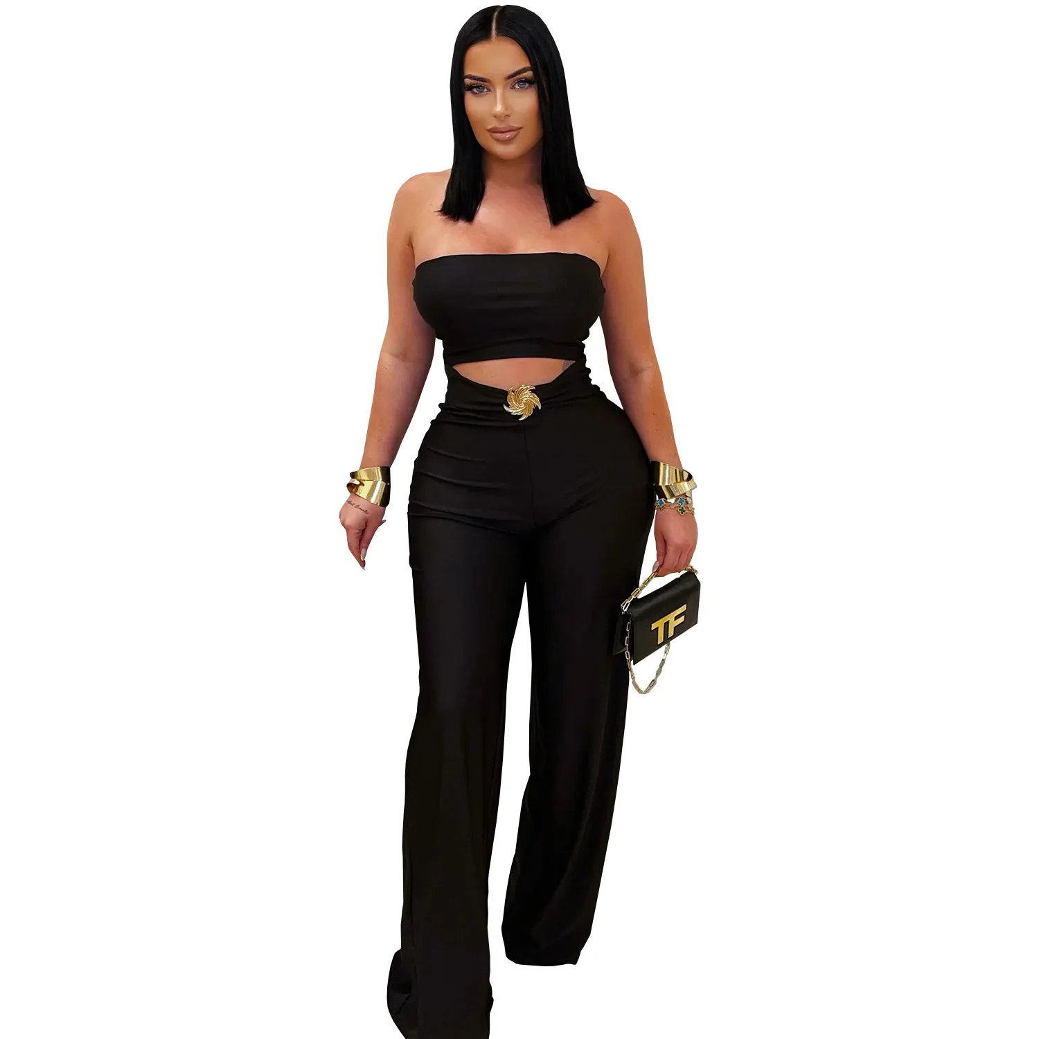 2025 Fashion Street Zwarte Jumpsuit Dames Mouwloos Strapless Crop Rechte broek Eendelig overall Sexy speelpakjes