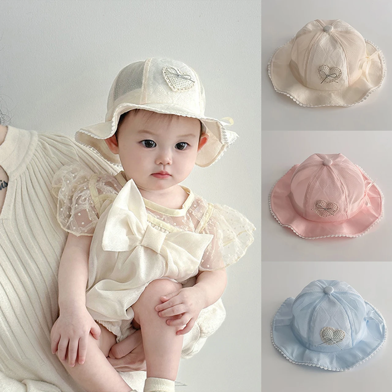 

Heart Bow Baby Girl Fisherman Hat Summer Sun Hats 3-12Month Infant Mesh Bucket Caps Thin Kids Wide Brim Basin Cap Toddler Visors
