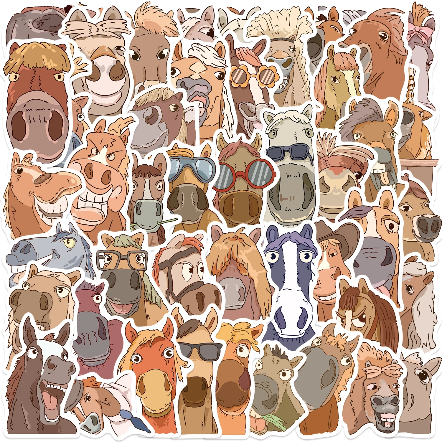 50-Pack Cartoon Horse Fun Sticker Set Cartoon Doodle Stickers for Phones, Notebooks, and Suitcases