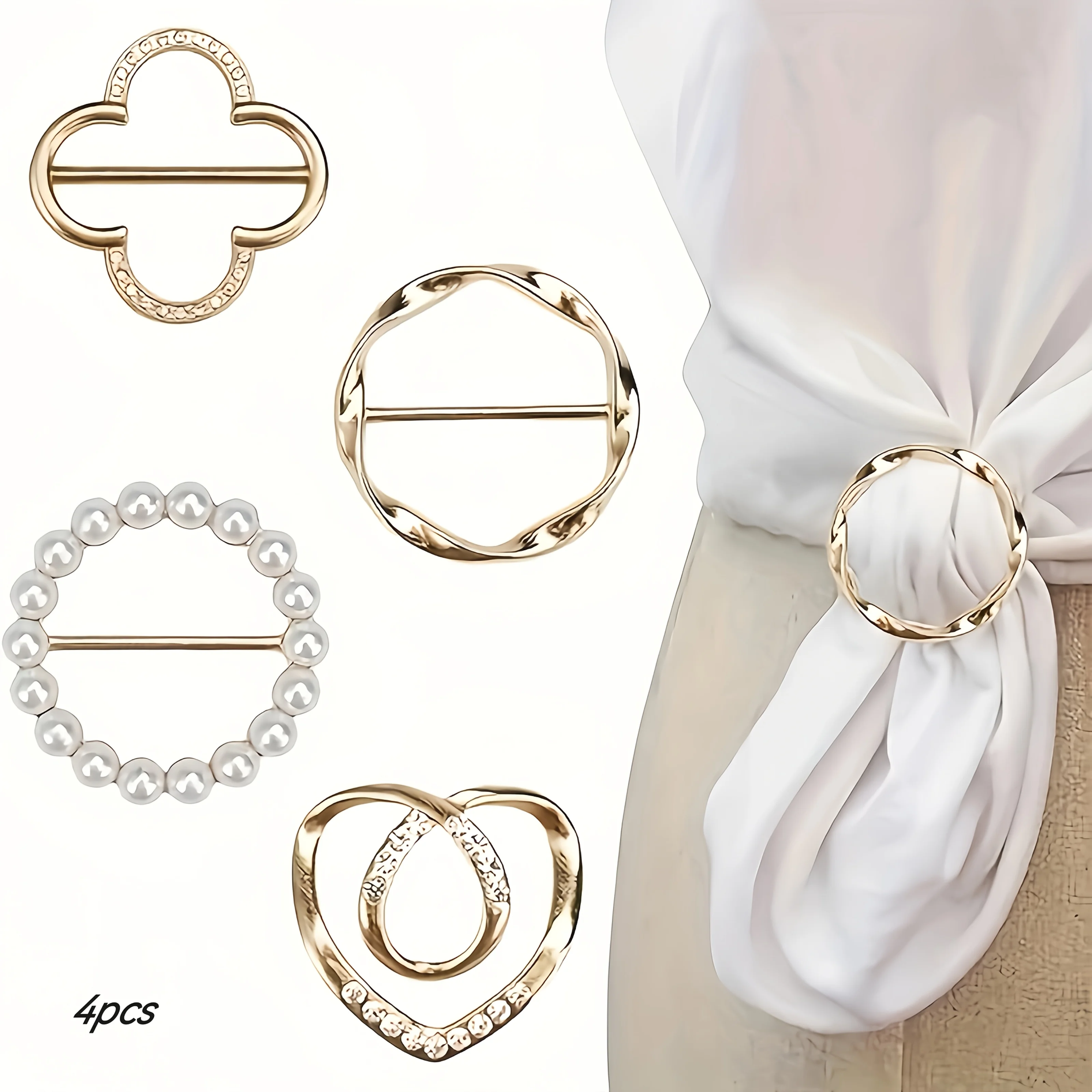 4pcs Fashion Scarf Ring Clip Set, Elegant Silk Scarf Buckle Holder for Women, for Scarf, Shirt, Dress & Daily Wear Accessory
