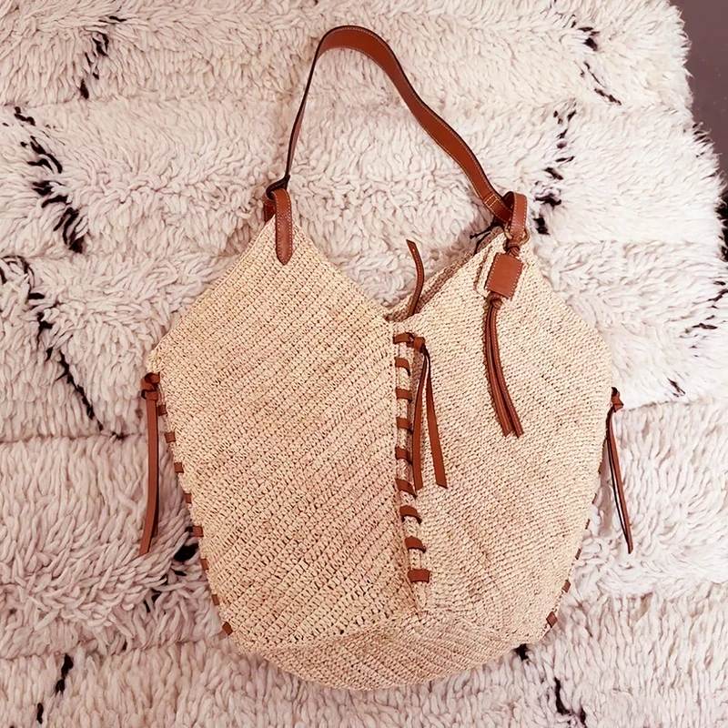 Tas Bahu Jerami Jerami Fashion Perancis Baru 2025 untuk Liburan Pantai Musim Panas, Tas Tote Genggam Kapasitas Besar untuk Wanita Trendi