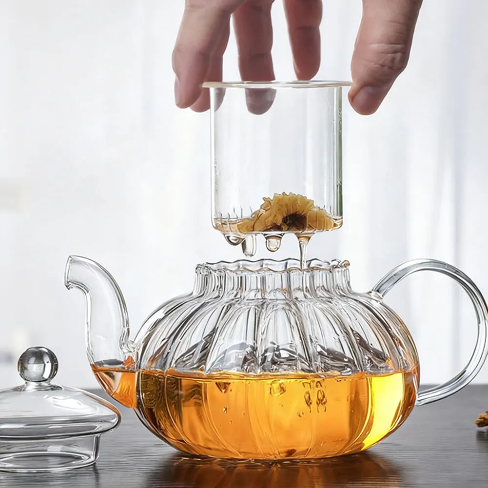 

Stovetop Safe Glass Tea Brewer With Stainless Steel Infuser Unique Striped Pumpkins Design For Tea Room