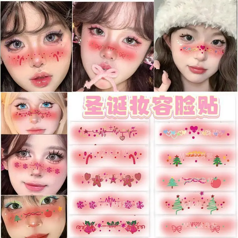 Autocollants mignons de visage de maquillage de Noël pour des enfants, autocollants de tatouage de coeur, fard à joues Girly Party, autocollants de vacances de grande valeur