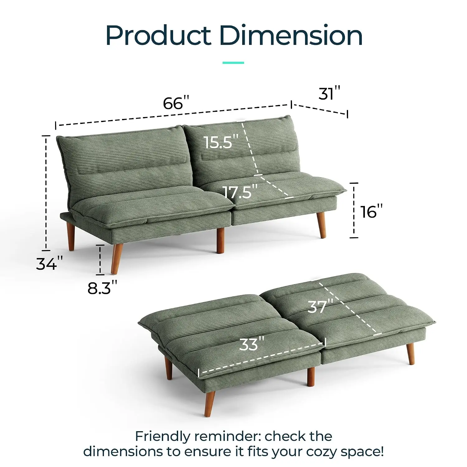Corduroy Futon Sofa Bed With 3-Position Adjustable Backrest, Convertible Loveseat For Small Spaces, Customized