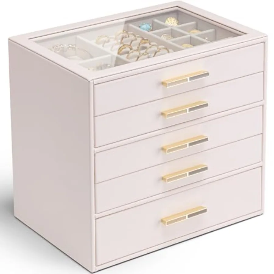 

5 Layer Jewelry Box for Women Glass Lid Jewelry Organizer with 5 Drawers for Necklaces Rings Earrings Bracelets - Light Pink