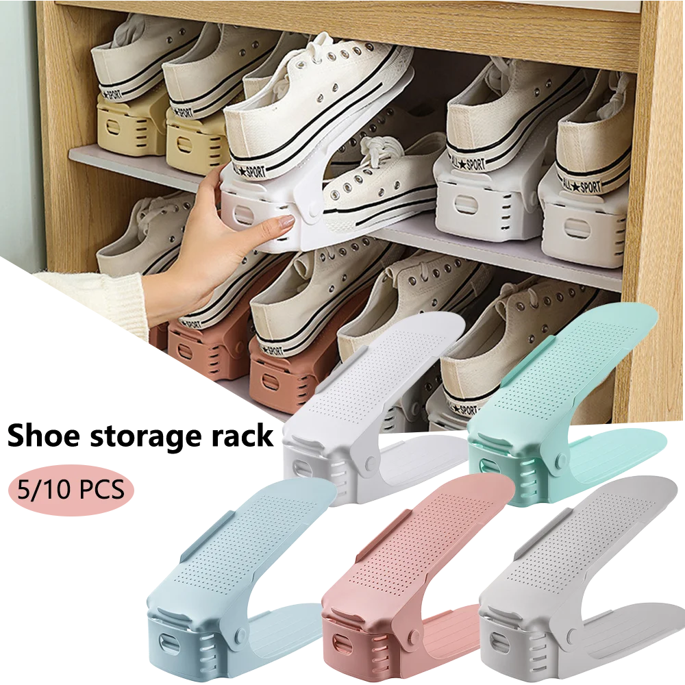 5-10pcs Household Simple One-piece Shoe Bracket Folding Type Adjustable Shoe Cabinet Shoe Storage Plastic Double-layer Shoe Rack view 2