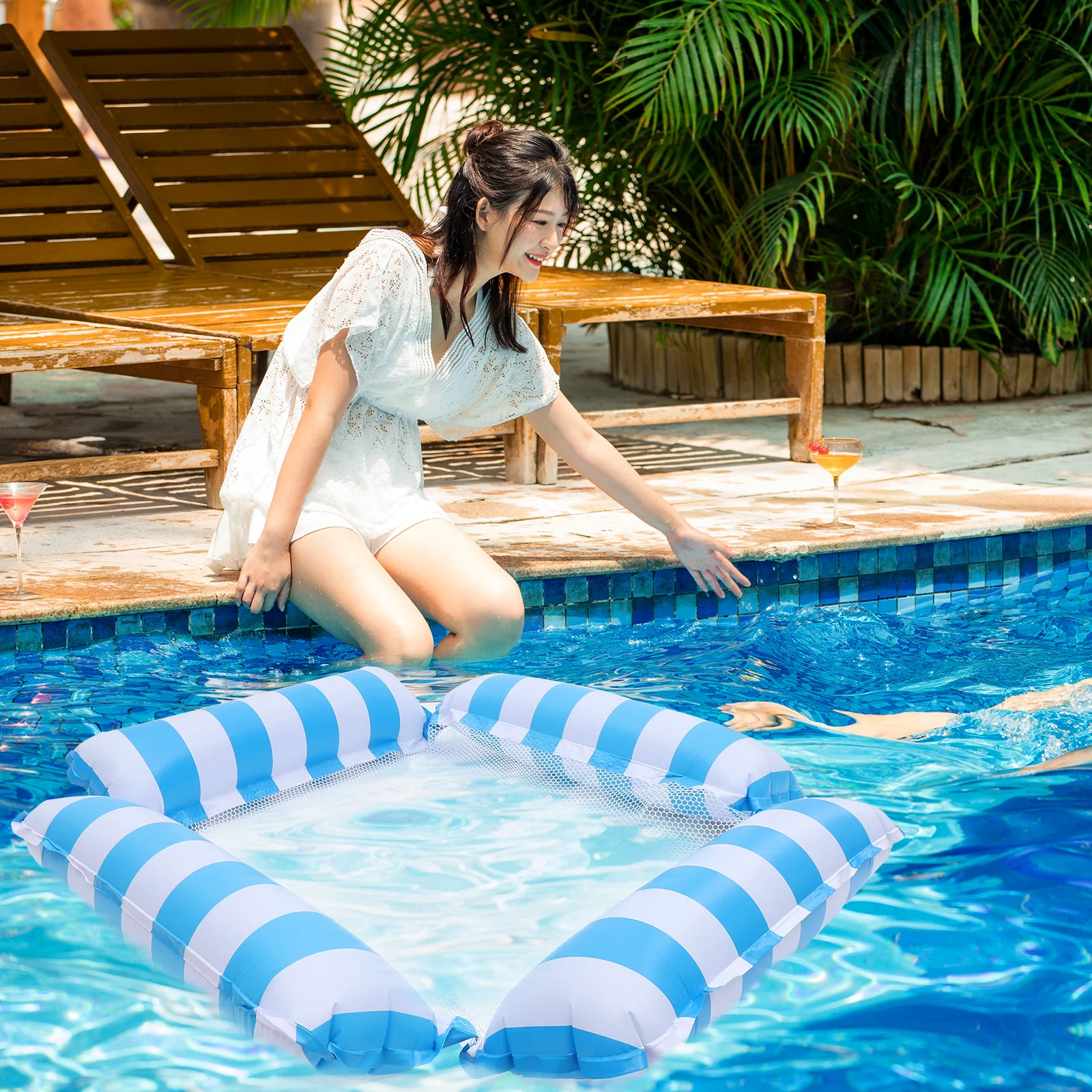 Cama flotante inflable para piscina, hamaca a la deriva, 4 tubos, silla de malla azul claro, estera flotante para piscina de juegos para adultos, colchón de natación