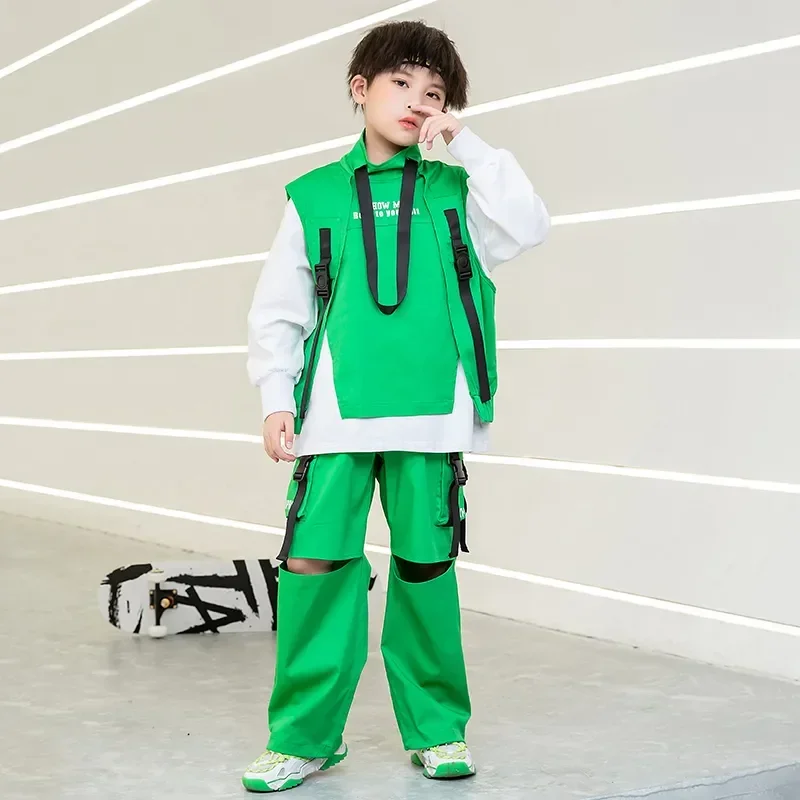 Tactical Cargo Pants Girl Boy Jazz Dance Costume Clothes wear Kids Festival Hip Hop dancing Clothing Sweatshirt High Neck Vest