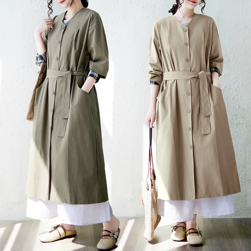 Korean Style Women's Long Coat Spring Autumn Draping High Height Cool Wind Pure Color Cotton Polyester Blend Long Sleeve roun...