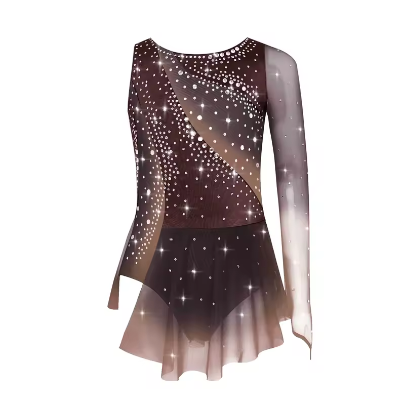 Kids Girls Figure Skating Rhythmic Gymnastics Leotard Dress Asymmetrical Split Shiny Rhinestones Contrast Color Dress Ballerina - Image 25
