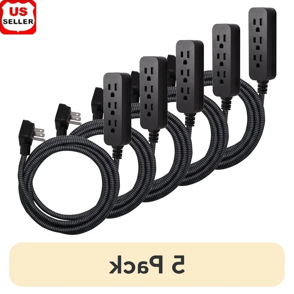 

10ft 3-Outlet Indoor Extension Cord Flat Plug Surge Protection Woven Fabric Designer Power Strip Electronics Home Office