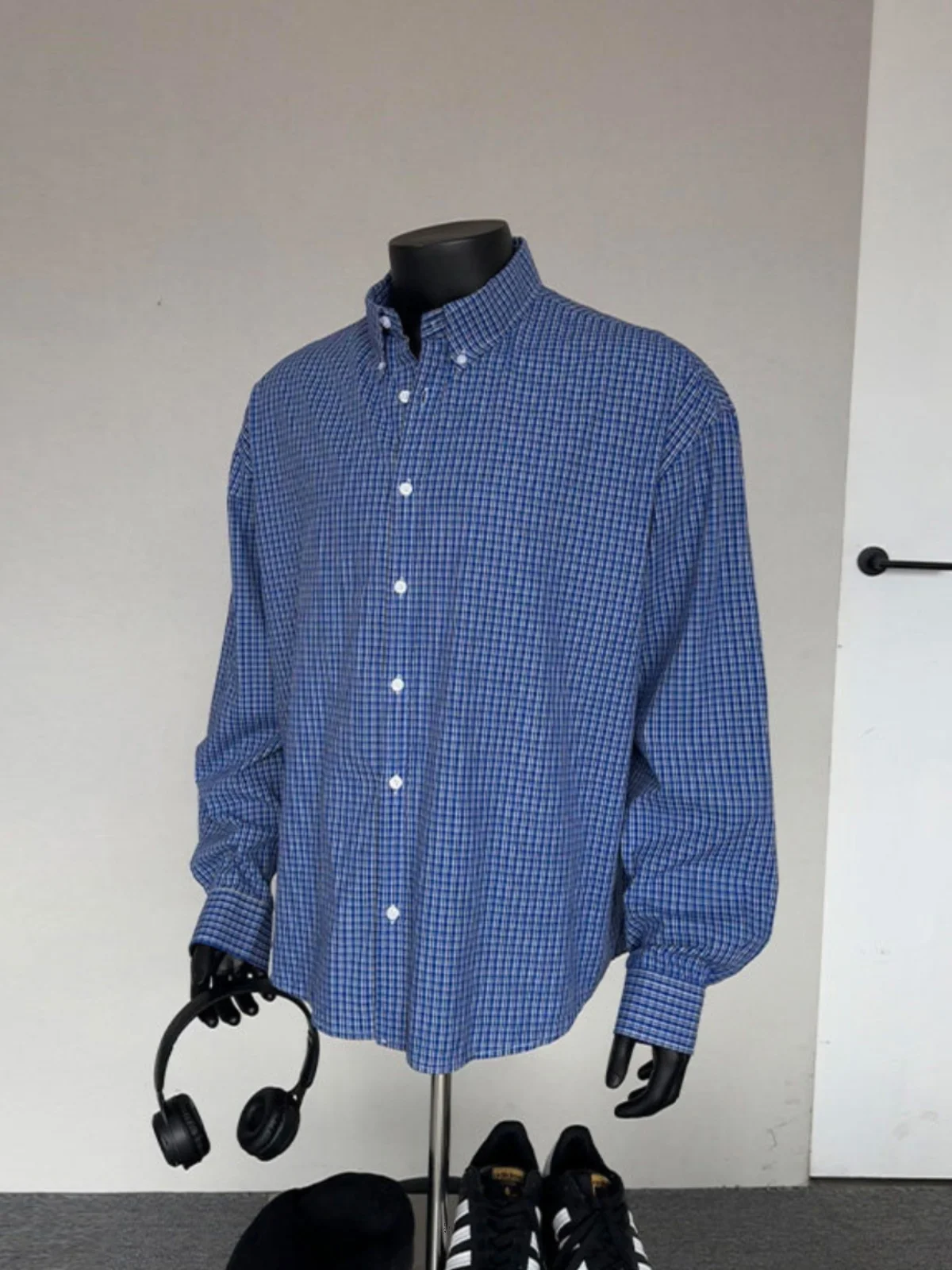

Retro Blue Plaid Long Sve Men's irt American Sle Cleanfit Jaet Design Sensation Spring Autumn Outerwear Cotton Polye...
