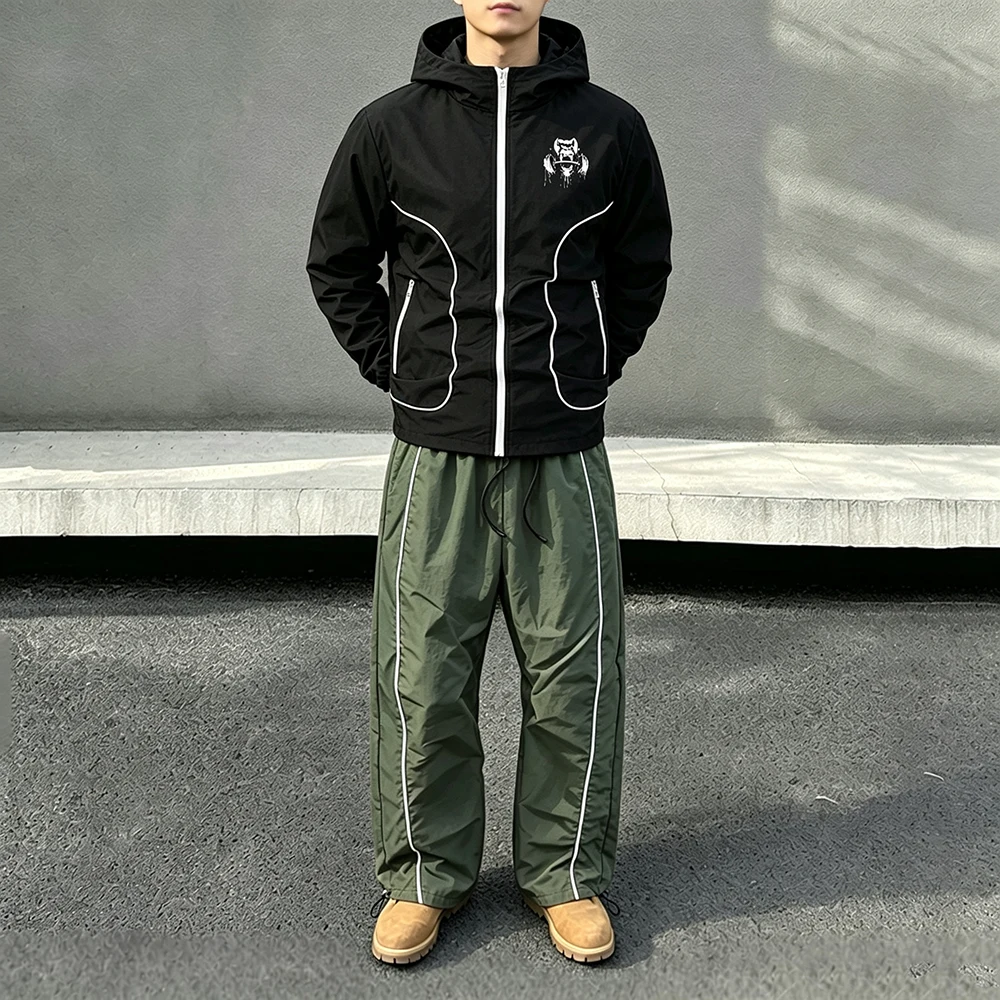 Men 2 Piece Tracksuit Gorilla Dumbbell Print Zip Up Hooded Jacket Drawstring Hem Pants Sportswear Set For Running Streetwear view 3