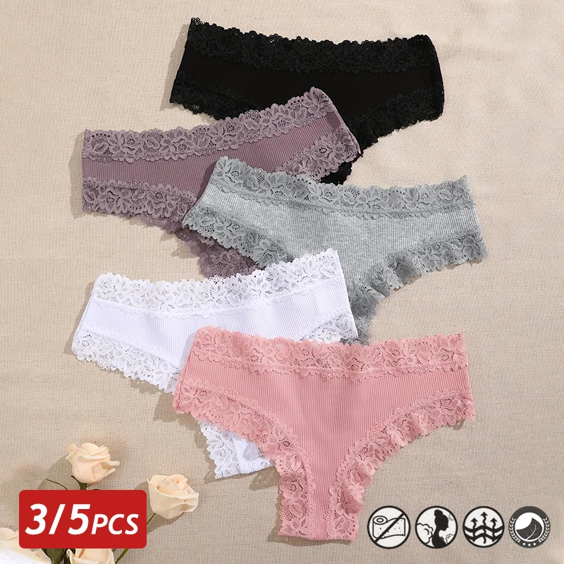 3/5 pièces dentelle sans couture coton culottes côtelées pantalons brésiliens taille basse femmes culottes respirant sous-vêtements pour fille grande taille Lingerie
