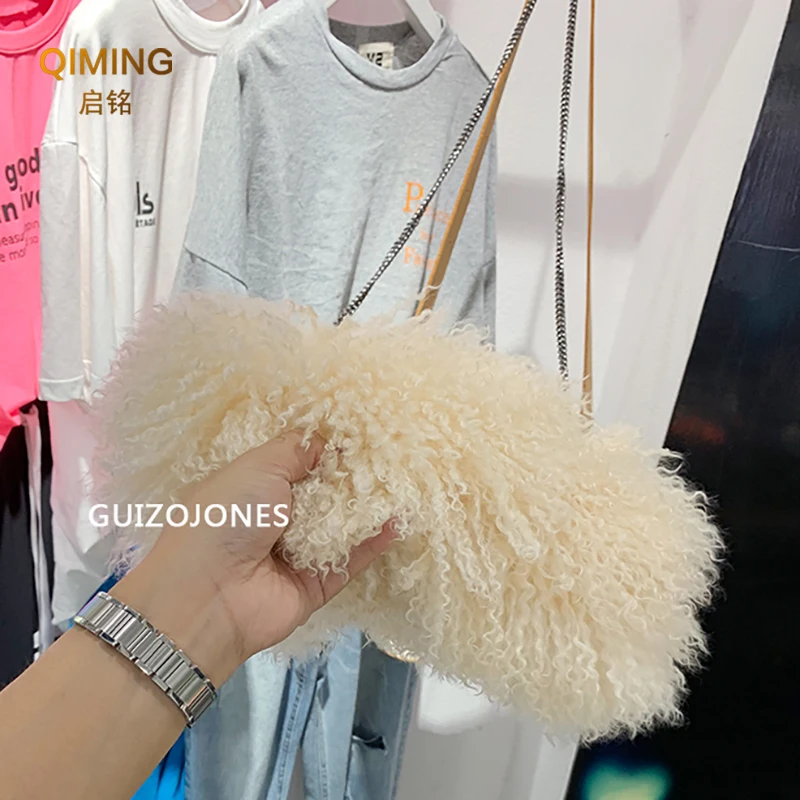 Real Lamb Beach Wool Fur Bag Plush Purses and Handbags Shoulder Bag Money Purse Furry Crossbody Bags For Women Luxury Handbag