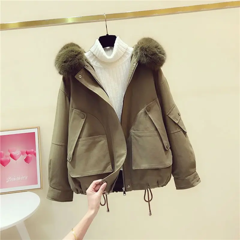 2023 Autumn Winter Fashion Women Coat Hooded Big Fur Neck Zipper Long Sleeve Coat Casual Loose Plush Warm Short Cotton Jackets