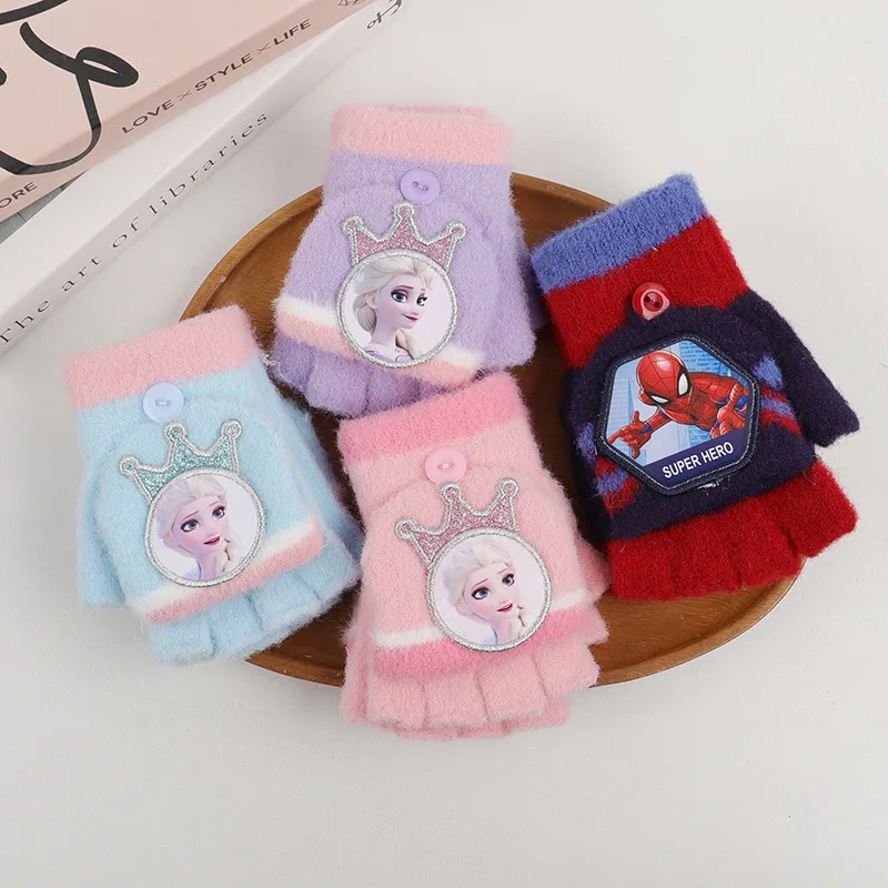 

For Elsa Gloves Girls' Autumn/Winter Warmth-Retaining Cold-Resistant Gloves Cute Five-Finger Knitted Soft Gloves Gift