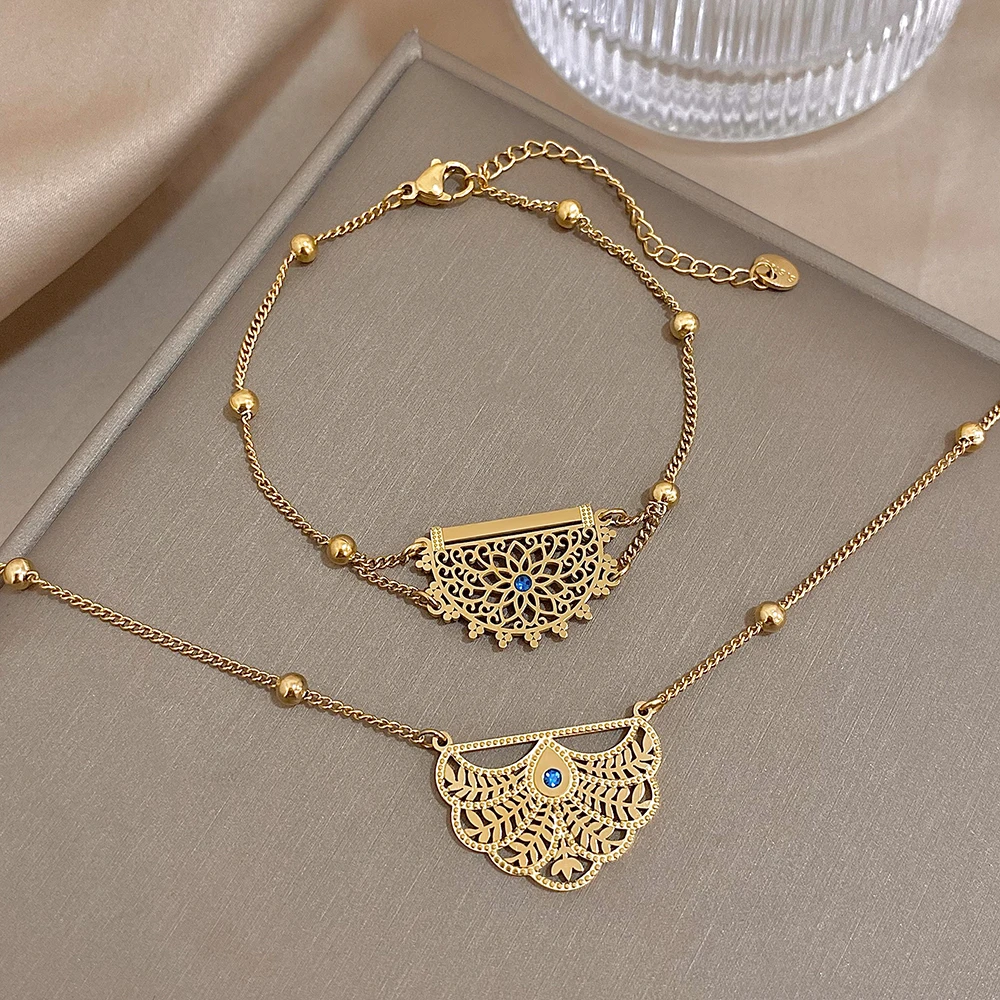 Vintage Hohle Blätter Blume Blau Strass Armbänder für Frauen Vergoldet Edelstahl Halskette Armband Charm Schmuck