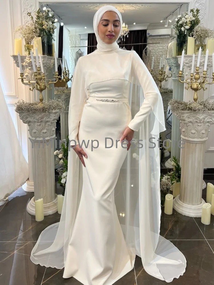 이슬람 웨딩 드레스 Hijab 긴 소매 높은 목 인어 스윕 트레인 신부 가운 맞춤형 فساتين حفلات الزفاف