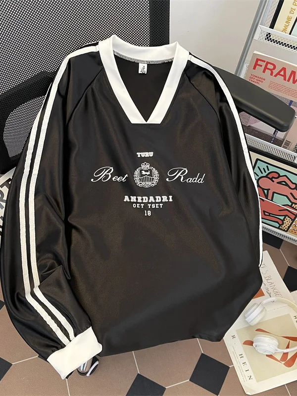 T-shirt a maniche lunghe con scollo a V da uomo e da donna, vestibilità ampia, in seta ghiaccio satinata, liscia, confortevole, traspirante, casual, per l'autunno