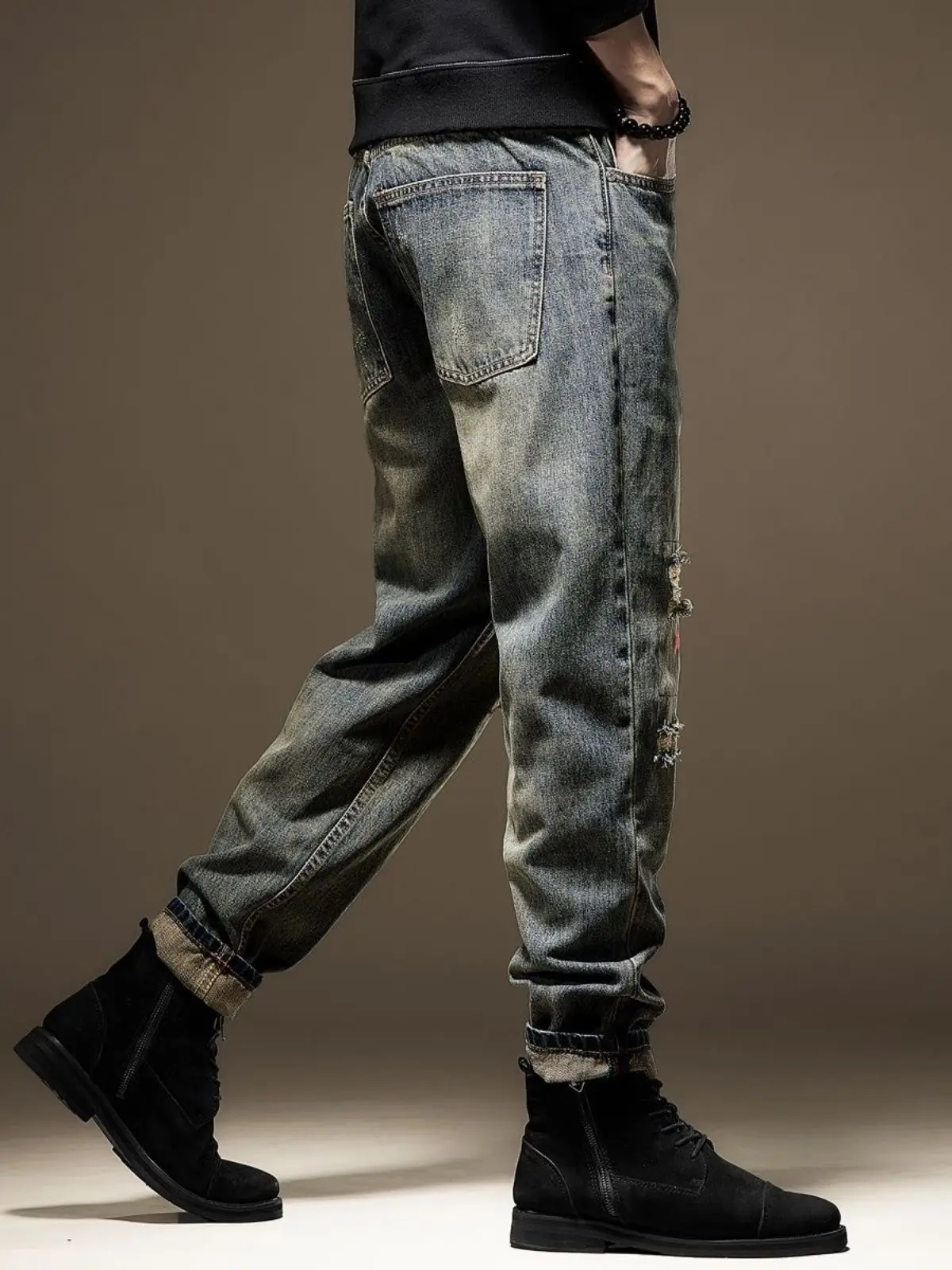 Korean Popular Clothes Ripped Men's 2026 Spring Summer Trendy Brand Heavy Retro Patch Loose Casual Long Pants Baggy Man Jeans