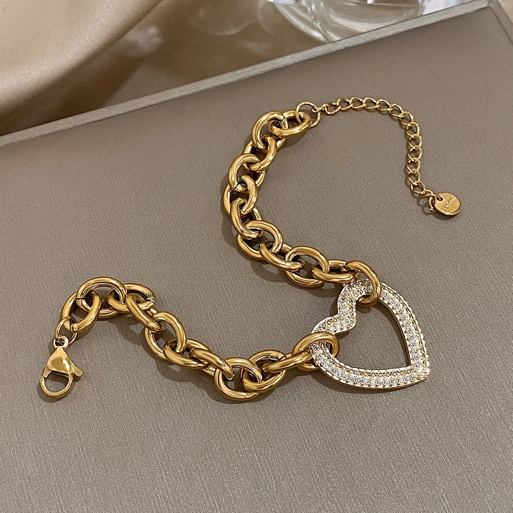Punk Chunky Gold Color Thick Chain Stainless Steel Bracelets for Women Fashion Big Rhinestone Heart Love Pendant Wrist Jewelry