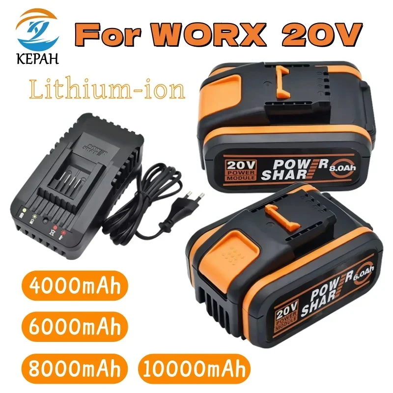 For Worx 20V 4.0/6.0/8.0/10.0Ah Rechargeable Li-ion Battery WA3551 WA3551.1 WA3553 WA3641 WX373 WX390 Electric Tool With Charger
