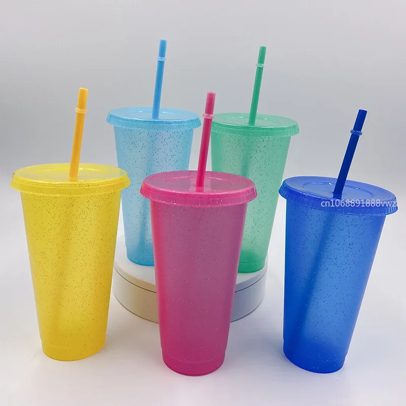 480ML Sequin Glitter Straw Cup Plastic Cup with Lids and Straws Reusable Coffee Cups Mugs Bubble Tea Cup Party Bar Drinkware