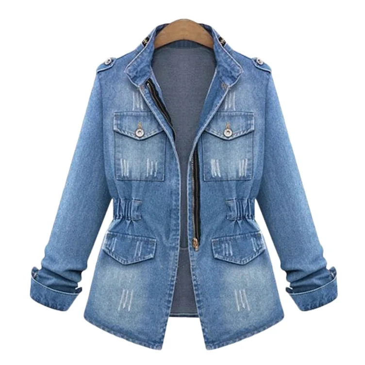 Spring Autumn Women's Long Sleeve Denim Jacket Zipper Outerwear Plus Size Slimming Street Style Break Hole Splicing PU Material