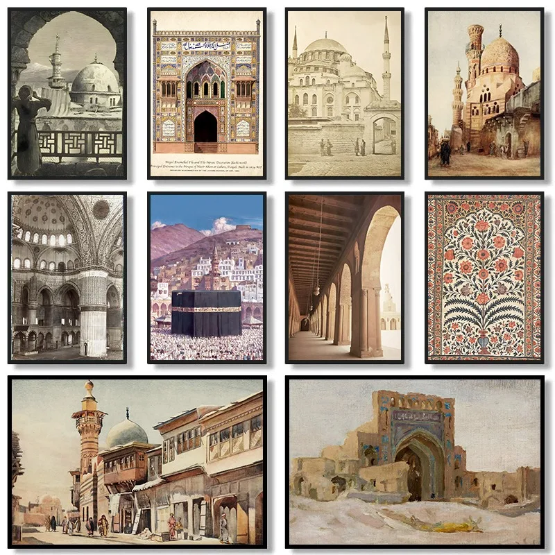 Vintage Islamic Arab Mosque Architecture Muslim Quran Posters and Prints Canvas Printing Wall Art Picture for Living Room Decor