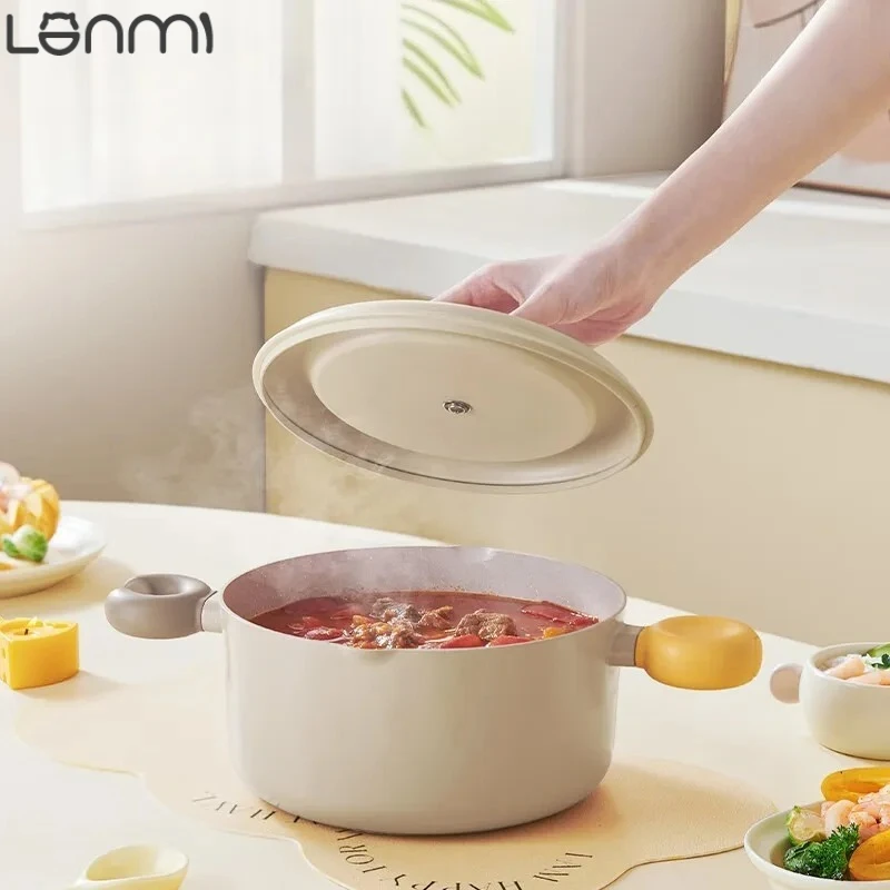 

LANMI 22CM Non-stick Double Ear Soup Pot Home Medical Stone Instant Noodle Stew Pot with Visible Glass Cover Stoves Universal