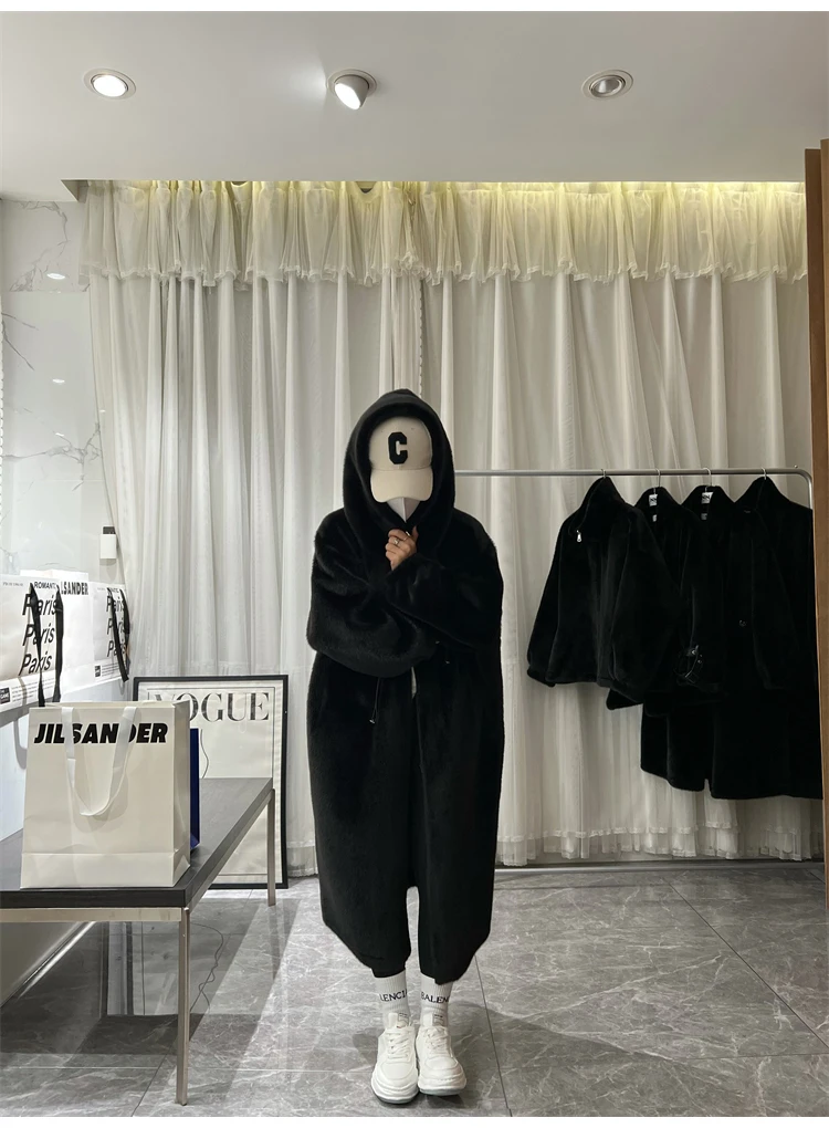 Lautaro Winter Long Oversized Warm Thick Blue White Fluffy Faux Fur Coat Women with Hood 2022 Loose Casual Korean Style Fashion